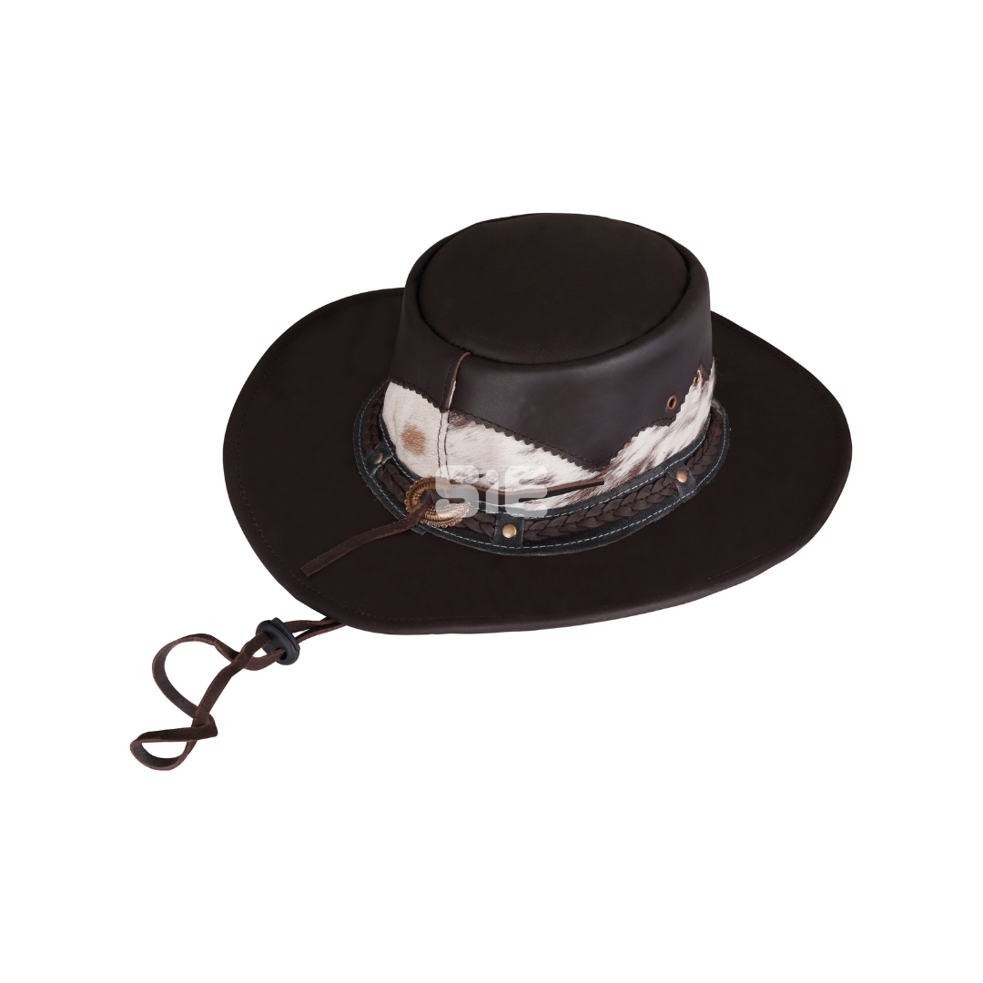 Men's Dark Brown Genuine Leather Cowboy Hat | Hair-On Cowhide Band | Braided Trim | Handcrafted | SIE Canada