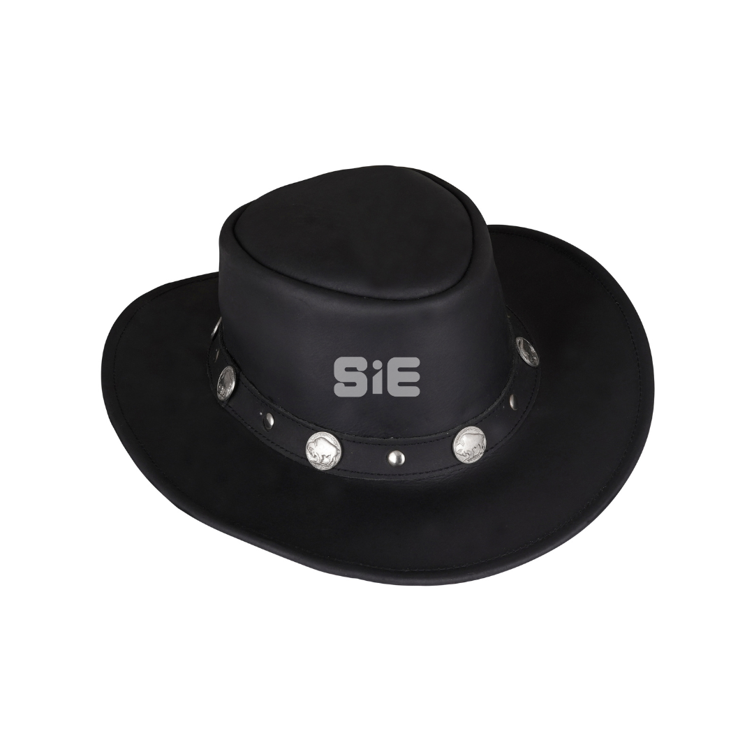 Men's Black Genuine Leather Cowboy Hat | Silver Buffalo Coin Conchos | Chin Strap | Handcrafted | SIE Canada