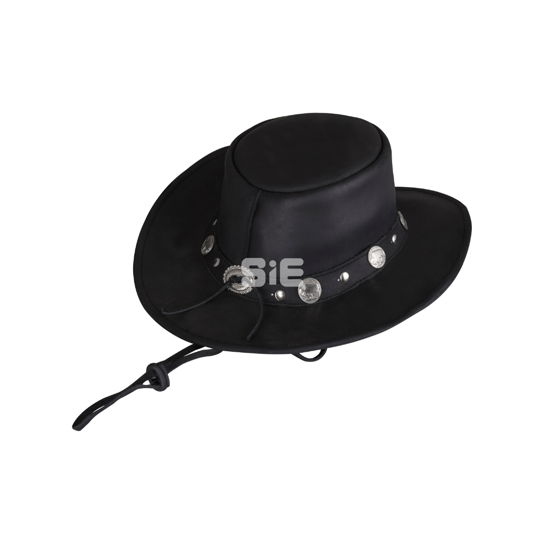 Men's Black Genuine Leather Cowboy Hat | Silver Buffalo Coin Conchos | Chin Strap | Handcrafted | SIE Canada