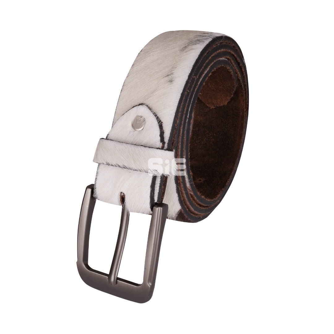 Men's Hair-On Cowhide Leather Belt | White & Brown Natural Fur | Handcrafted | SIE Canada