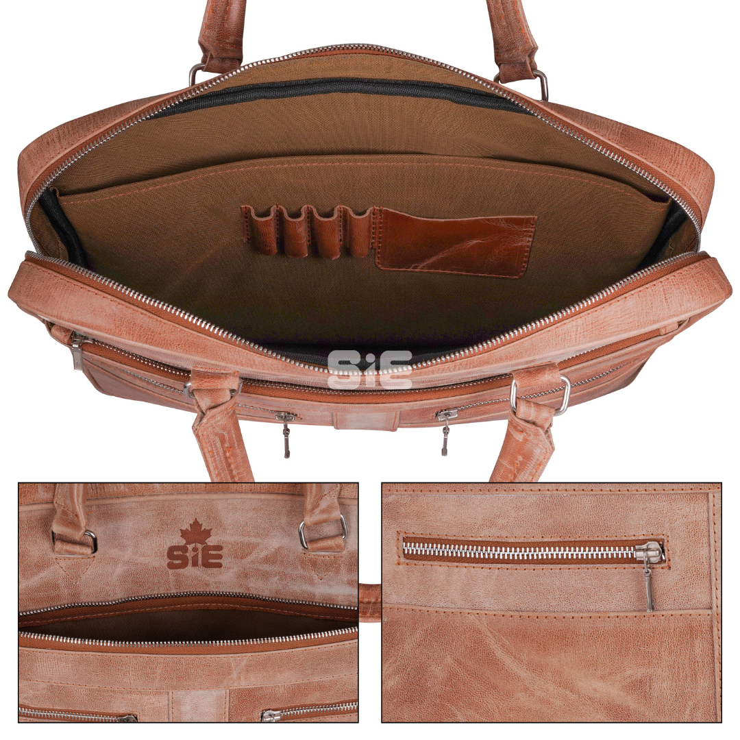 Men's Tan Cracker Leather Laptop Bag Briefcase | SIE Canada