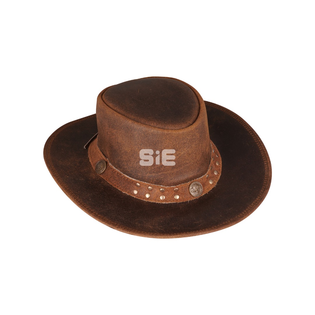 Men's Brown Distressed Leather Cowboy Hat | Bronze Conchos | SIE Canada