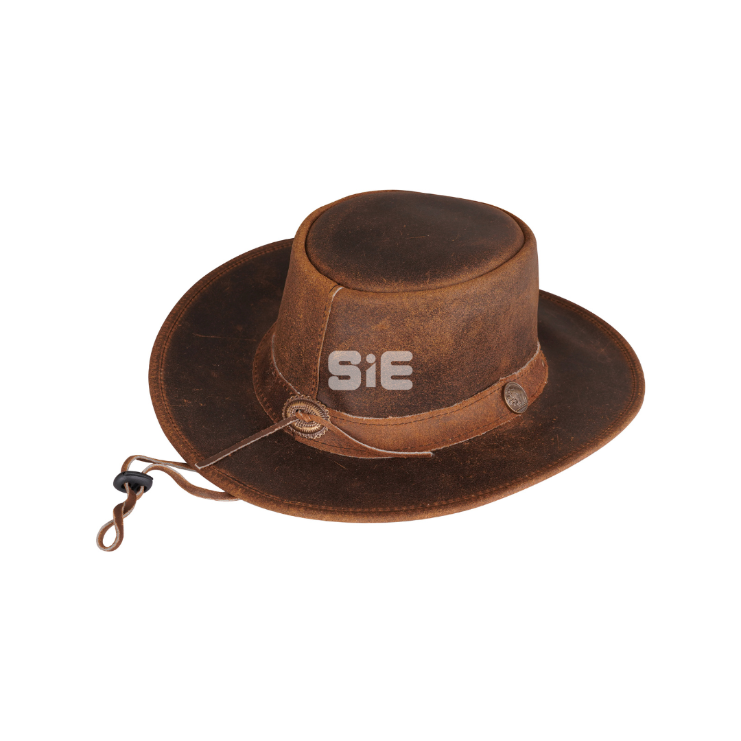 Men's Brown Distressed Leather Cowboy Hat | Bronze Conchos | SIE Canada