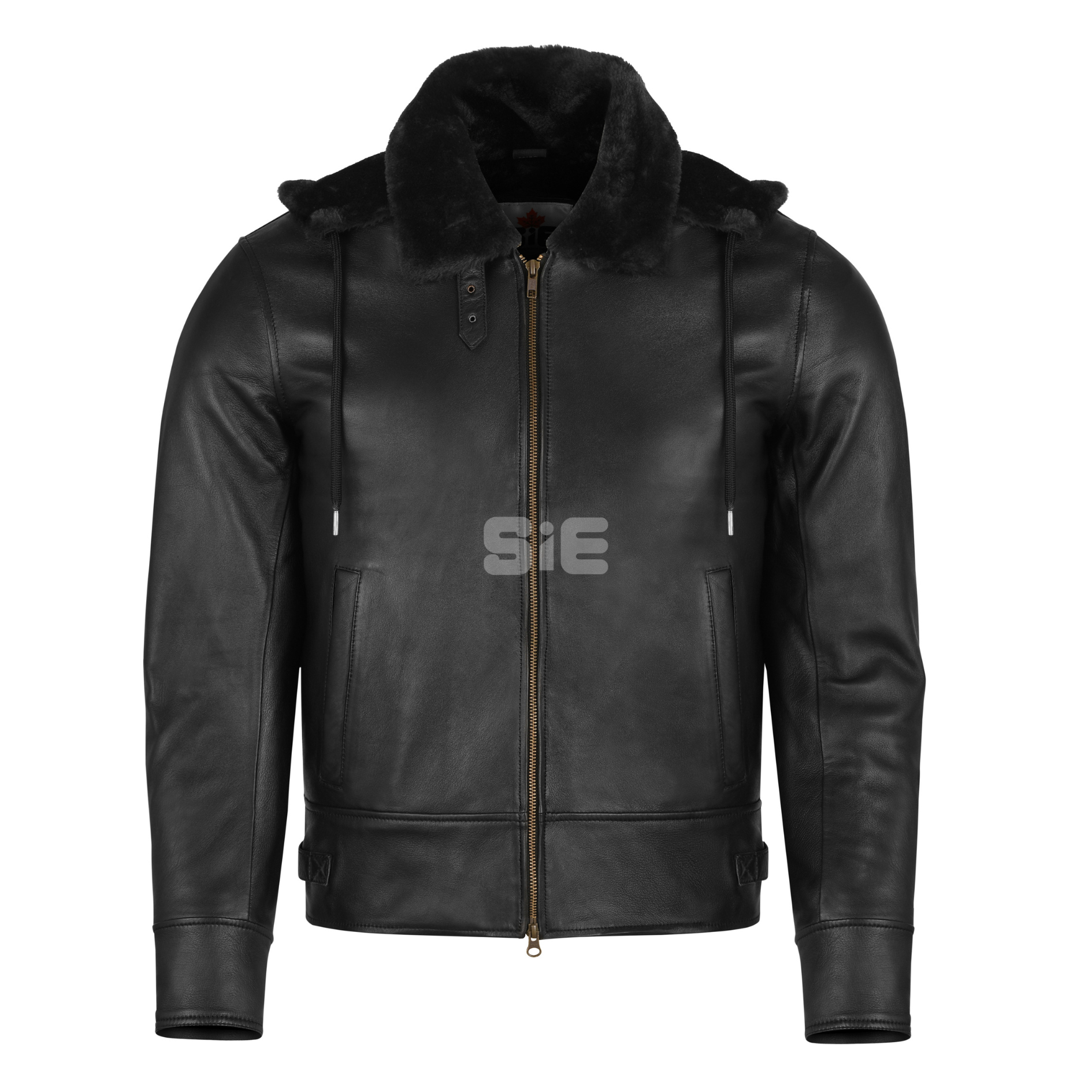 Men's Black Leather Bomber Jacket | Shearling Lining | Removeable Hood | SIE Canada