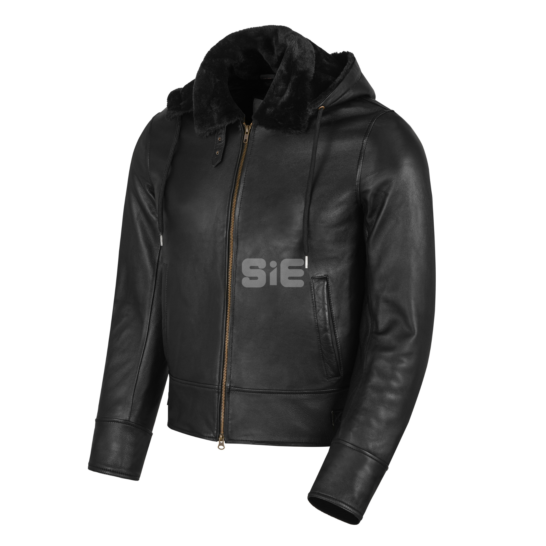 Men's Black Leather Bomber Jacket | Shearling Lining | Removeable Hood | SIE Canada