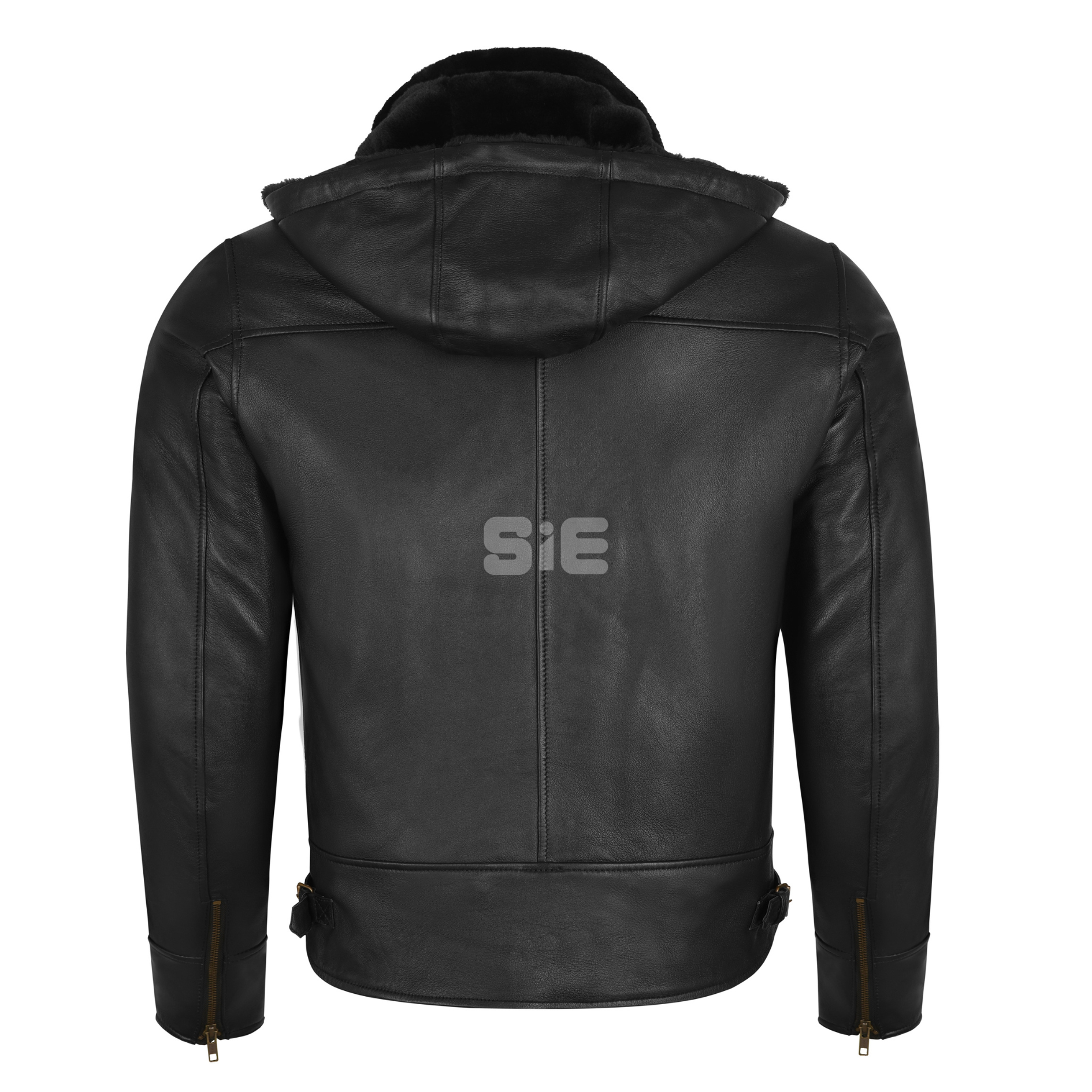 Men's Black Leather Bomber Jacket | Shearling Lining | Removeable Hood | SIE Canada