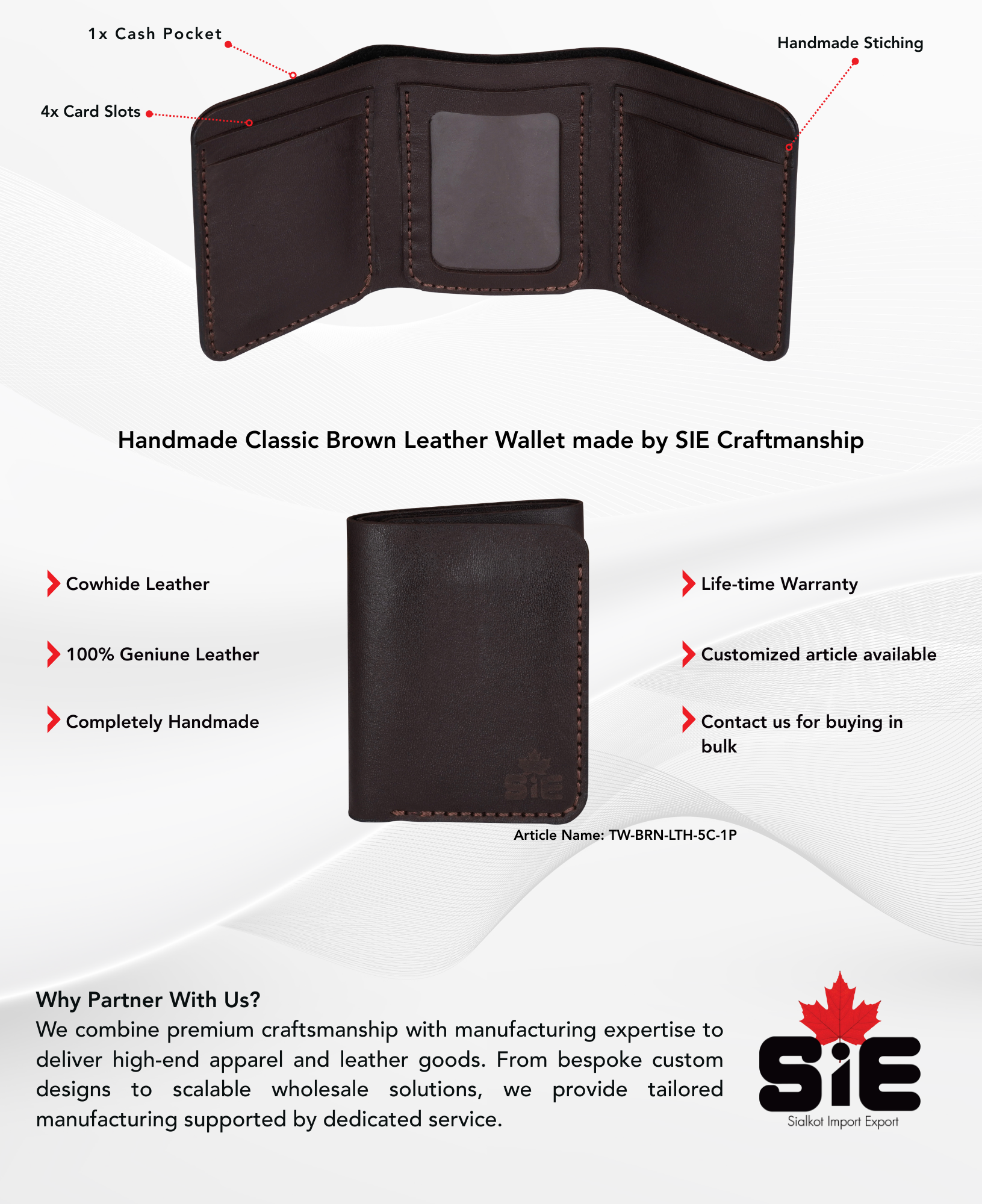 Brown Tri-Fold Handmade Leather Wallet - Men's description image