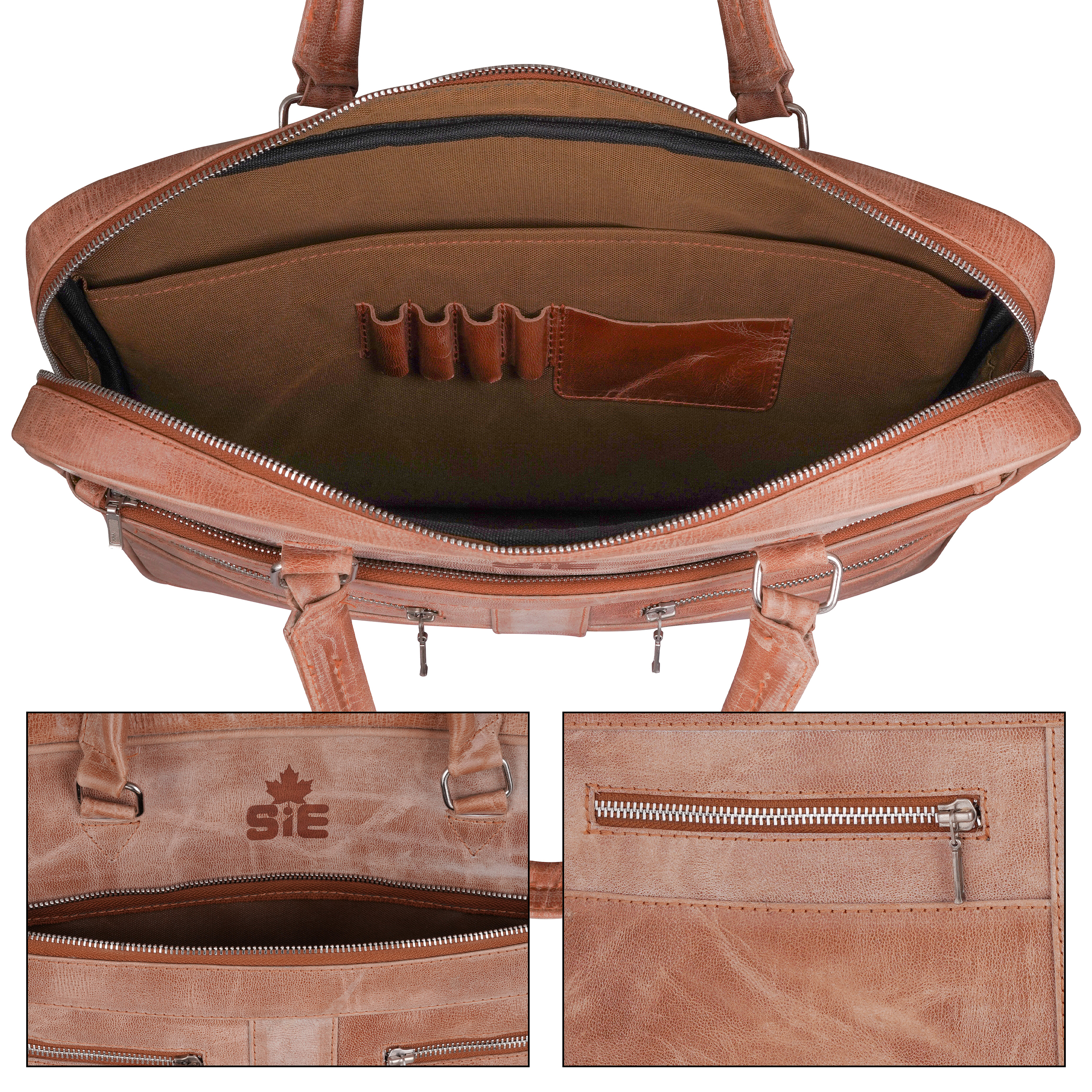 Handmade Light Brown Leather Laptop Bag – Premium Office & Travel Bag by Sialkot Import Export